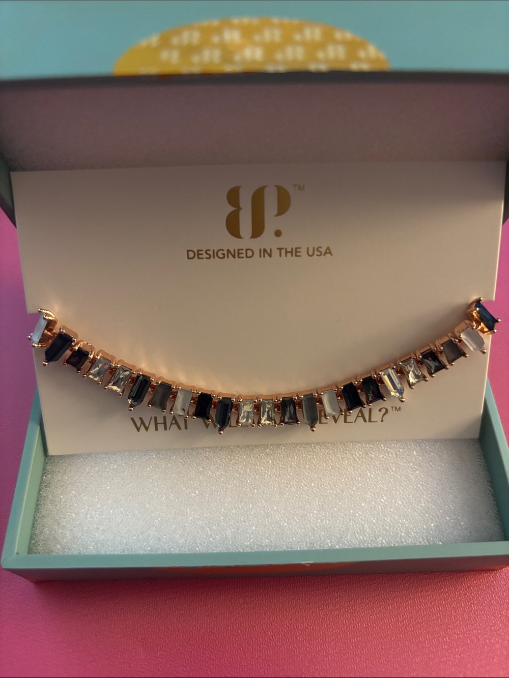 bp Rose Gold Necklace with Black and Clear Stones